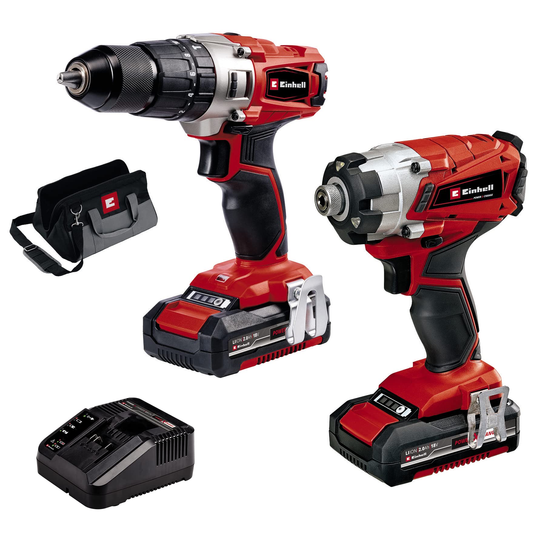 Einhell Cordless Drill and Impact Driver Set with 2 x Batteries, Charger and Storage Bag 18V Power X-Change, Brushless C