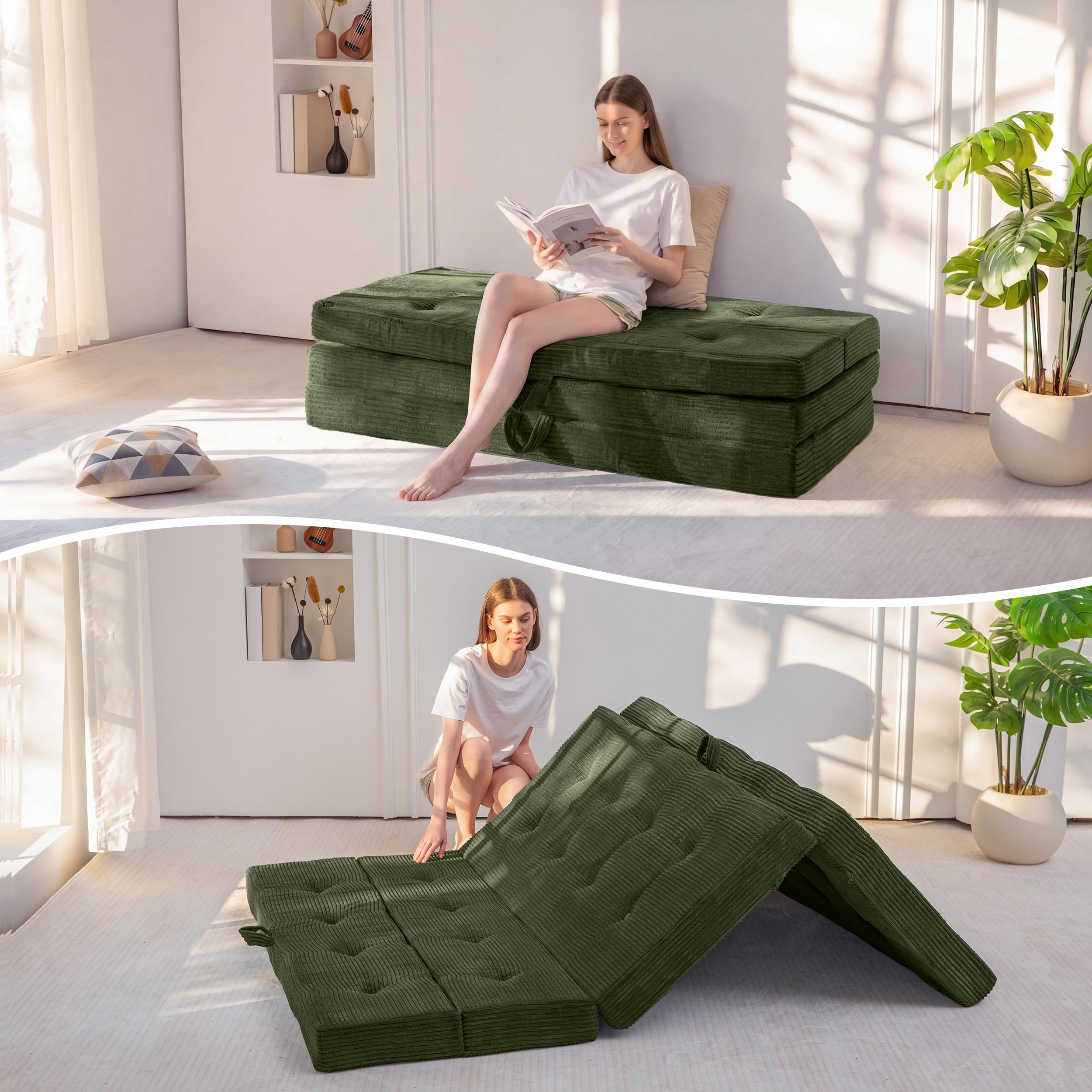 MAXYOYO Folding Mattress Double, Comfy Foldable Sofa Couch Bed, Guest Mattress with Handles Floor Futon Sofa Bed for Gue