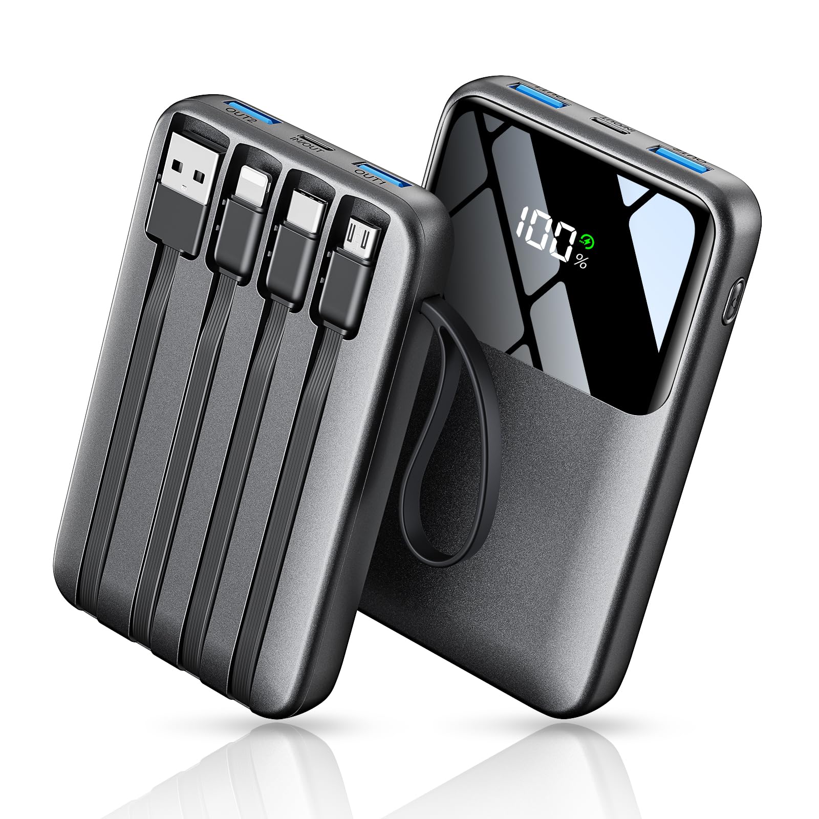 Power Bank Fast Charging, 10000mAh Portable Charger, 22.5W Phone Battery Pack with LED Display, Built-in 4 Cables & 6-De