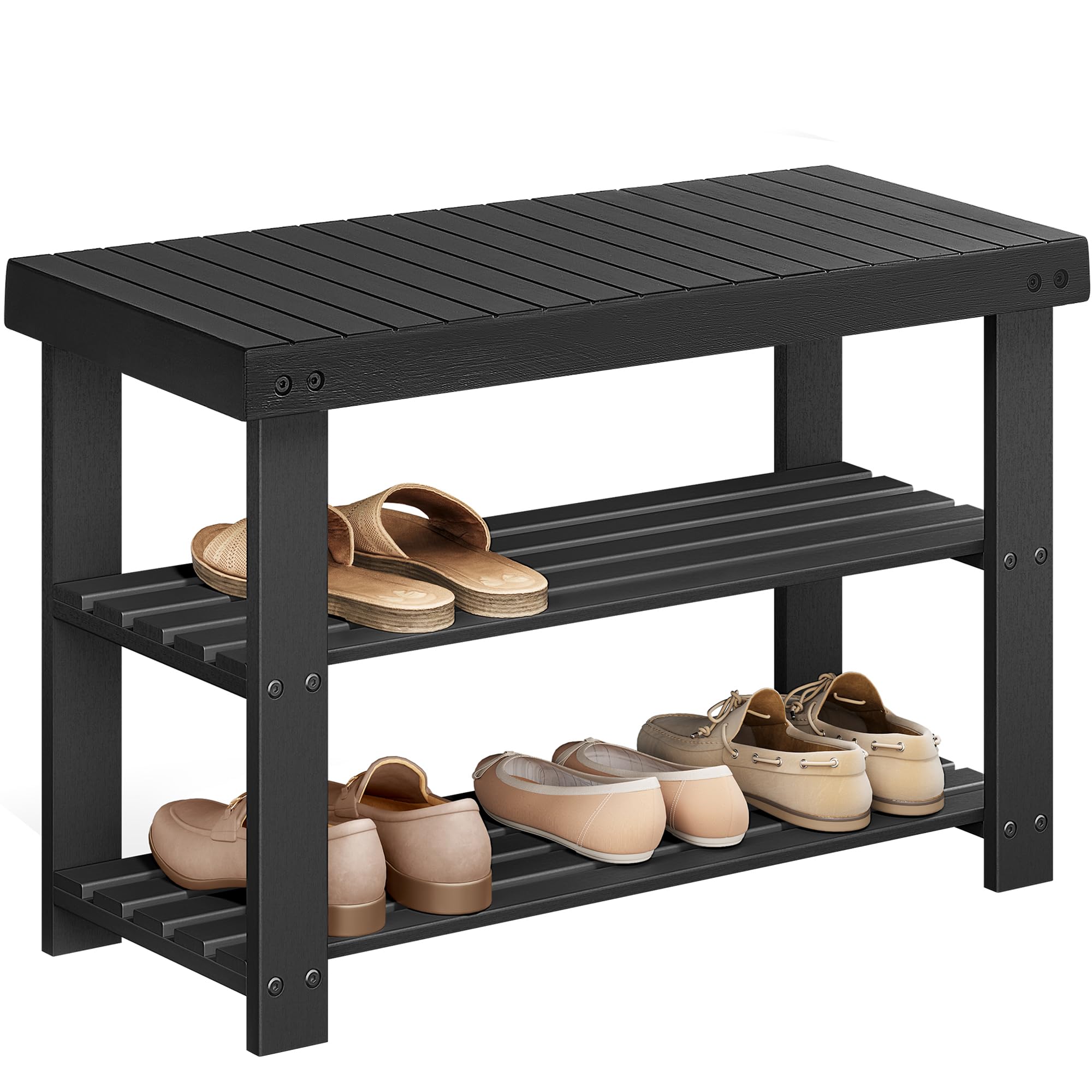 SONGMICS Shoe Rack Bench, 3-Tier Bamboo Shoe Storage Organizer, Entryway Bench, Holds Up to 286 lb, 11.3 x 27.6 x 17.8 I