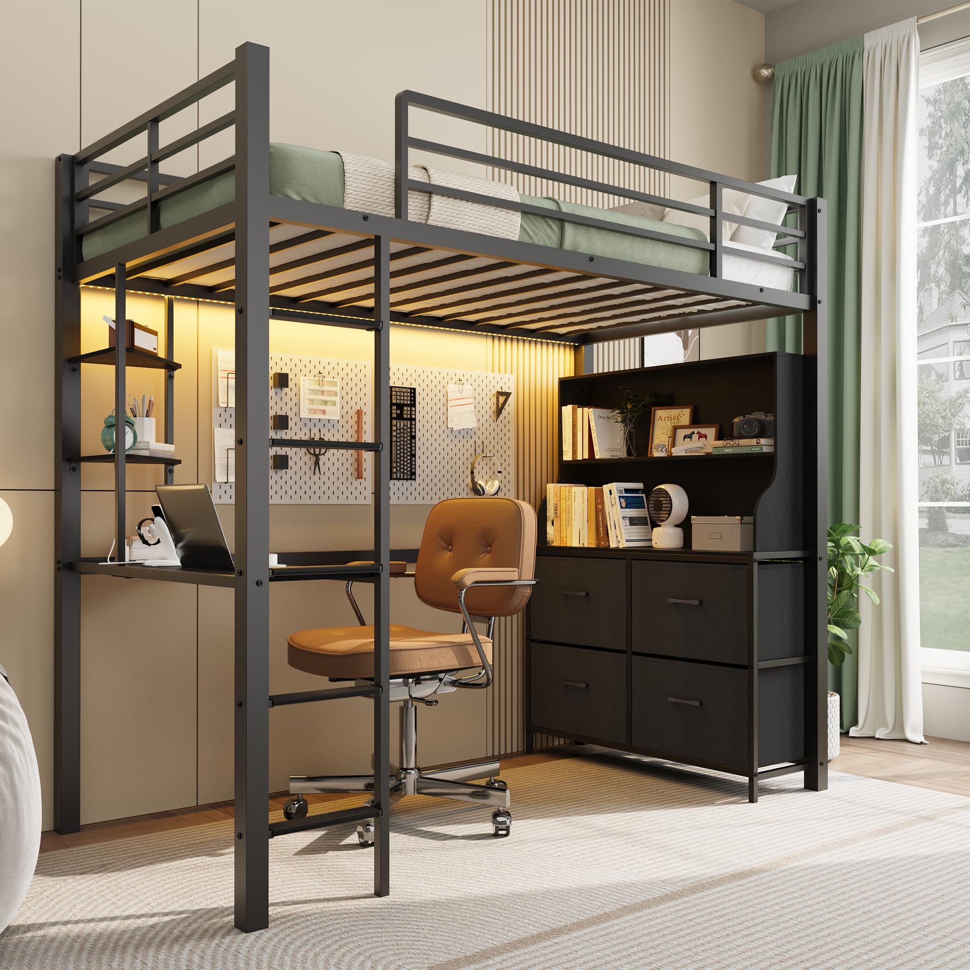 Twin Size Loft Bed with Desk, 4 Large Fabric Drawers and Open Shelves, Heavy Duty Metal Loft Bed wit