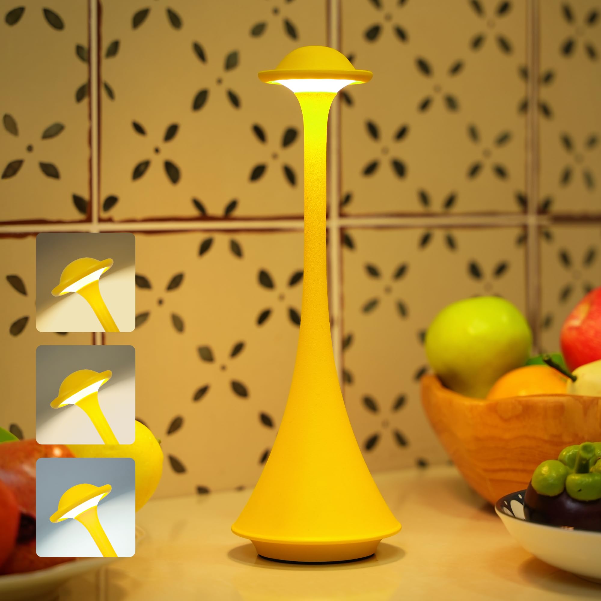 Futuristic Cordless LED Table Lamp Rechargeable–Minimalist Mustard Yellow Metal Design,Touch Dimmable Bedside Lamp for L