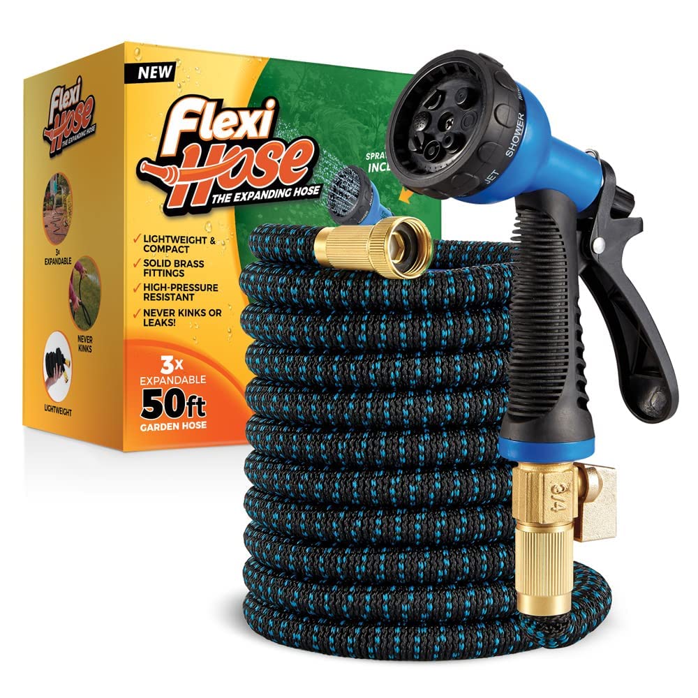 Flexi Hose with 8 Function Nozzle, 50FT - Lightweight Expandable Garden Hose, No-Kink Flexibility, 3/4 Inch Solid Brass 