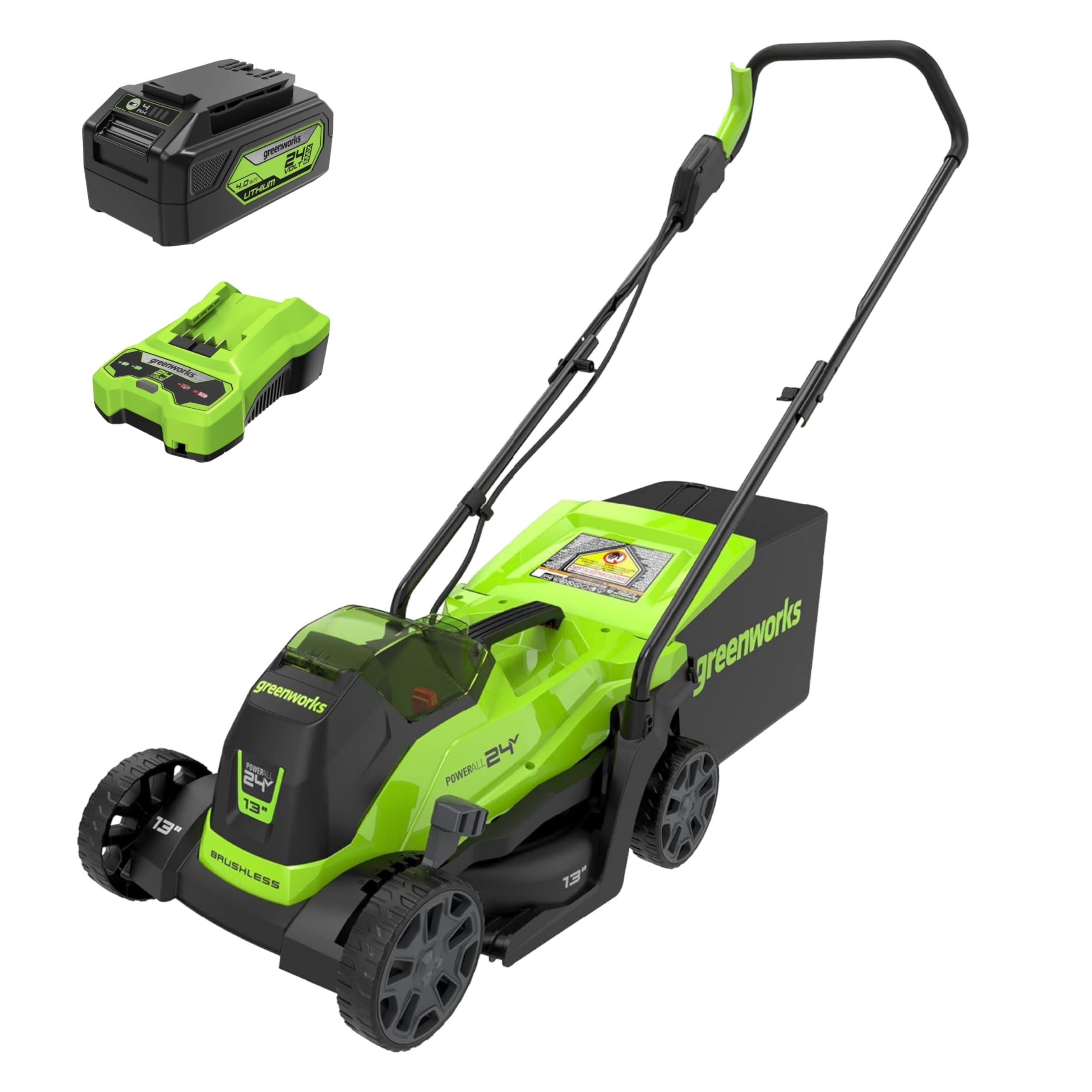 Greenworks 24V 13“ Brushless Cordless Lawn Mower with 4.0Ah Battery & Charger,Maintenance-Free Push Mower with 2-in-1 Mu